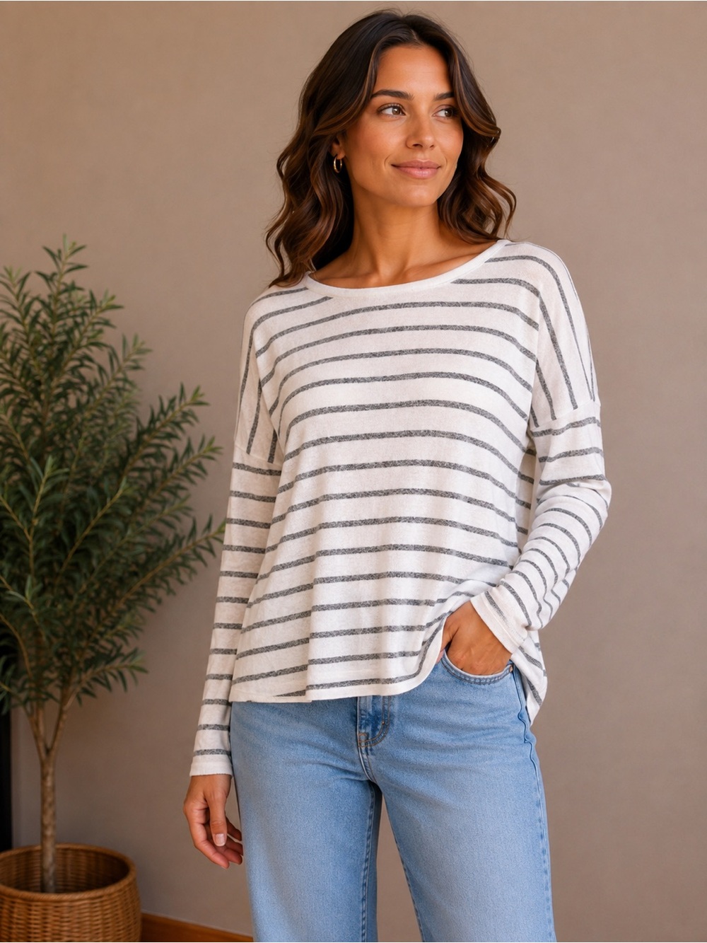 558. Striped Long-Sleeve Knit Top - Ivory & Gray